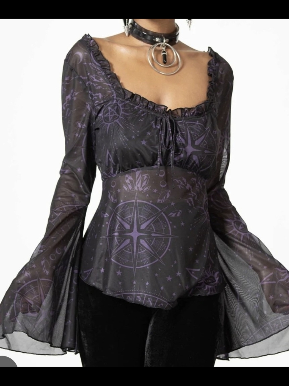 Killstar Astromacy Mesh Long Flare Bell  Sleeve Top  XS  Gothic Celestial Print